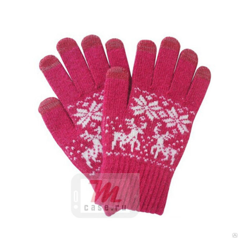 Теплые перчатки для сенсорных дисплеев Олени, Скандинавия, малиновые